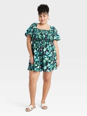 Ava & Viv Black Romper with tropical Teal, Mint and Light Blue Leaf Print